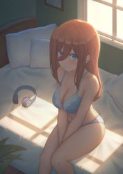 Rule 34 | 1girl, absurdres, bed, bedroom, between legs, blue bra, blue eyes, blue panties, blush, bra, breasts, brown hair, cleavage, closed mouth, evening, from above, go-toubun no hanayome, hair between eyes, hand between legs, headphones, highres, large breasts, legs together, light blush, long hair, looking at viewer, looking up, nakano miku, navel, on bed, own hands together, panties, pillow, shadow, shy, sitting, solo, sunlight, sunset, thighs, underwear, underwear only, window, yihsien