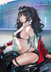 Rule 34 | 1girl, ass, azur lane, bare shoulders, bikini, black bikini, black hair, black thighhighs, blush, breasts, building, clothes pull, drill hair, drill sidelocks, eyewear on head, feet out of frame, highres, jacket, jacket pull, long hair, long sleeves, looking at viewer, medium breasts, motor vehicle, motorcycle, official alternate costume, open clothes, open jacket, open mouth, race queen, red eyes, red jacket, sideboob, sidelocks, sitting, solo, sunglasses, swimsuit, taihou (azur lane), taihou (enraptured companion) (azur lane), thighhighs, thighs, twintails, zero77776