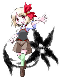 Rule 34 | 1girl, :d, alternate costume, blonde hair, darkness, fang, green thighhighs, hair ribbon, kugelschreiber, open mouth, red eyes, ribbon, rumia, shirt, short hair, short sleeves, shorts, simple background, smile, solo, t-shirt, thighhighs, touhou, white background