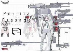 Rule 34 | 1girl, ammunition belt, android, anti-materiel rifle, assault rifle, book, boots, bullpup, cannon, copyright name, expressionless, full body, gatling gun, green necktie, grey hair, grey thighhighs, grid background, gun, hairband, highres, long hair, looking at viewer, mecha musume, mechanical parts, necktie, original, p90, parted bangs, personal defense weapon, purple eyes, rifle, rima takahiro, shirt, short sleeves, skeleton, sniper rifle, solo, standing, submachine gun, thigh boots, thighhighs, weapon, white shirt, zettai ryouiki