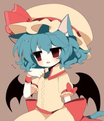 Rule 34 | 1girl, bad id, bad pixiv id, bat wings, blue hair, blush, bow, female focus, haru (kyou), hat, hat ribbon, open mouth, puffy sleeves, red eyes, remilia scarlet, ribbon, short hair, short sleeves, solo, sweatdrop, touhou, wings, wrist cuffs