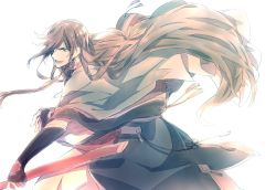 Rule 34 | 10s, 1boy, black eyes, blue eyes, brown hair, hair over one eye, izumi-no-kami kanesada, japanese clothes, long hair, male focus, muted color, open mouth, simple background, smile, solo, sword, toriyoshi, touken ranbu, very long hair, weapon, white background