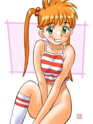 Rule 34 | 1girl, bare hips, bottomless, breasts, censored, covering crotch, covering privates, curvy, female focus, flat chest, green eyes, grin, hair bobbles, hair ornament, hair tie, hell teacher nube, inaba kyouko, jigoku sensei nube, kneehighs, leg lift, legs, long hair, long twintails, looking at viewer, orange hair, shirt, sitting, sleeveless, small breasts, smile, socks, solo, twintails, white socks