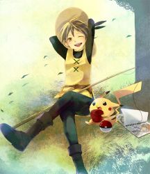 Rule 34 | 1girl, androgynous, apple, arms behind head, bad id, bad pixiv id, blonde hair, boots, creatures (company), fishing rod, food, fruit, game freak, gen 1 pokemon, hat, holding, holding food, holding fruit, crossed legs, nintendo, one eye closed, open mouth, pika (pokemon), pikachu, poke ball, poke ball (basic), pokemon, pokemon (creature), pokemon adventures, reverse trap, sitting, sketchbook, smile, straw hat, waist poke ball, wink, yellow (pokemon), yellow eyes, yoshi (danball)
