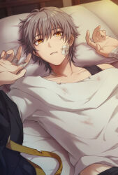 Rule 34 | 1boy, bandaged arm, bandaged fingers, bandages, bandaid, bandaid on face, bandaid on neck, bed, black jacket, caelus (honkai: star rail), collarbone, commentary, fingernails, grey hair, hair between eyes, hands up, highres, honkai: star rail, honkai (series), indoors, jacket, looking at viewer, lying, male focus, on back, pillow, rune (rne at), shadow, shirt, short hair, short sleeves, solo, symbol-only commentary, t-shirt, teeth, torn clothes, torn shirt, trailblazer (honkai: star rail), unworn jacket, white shirt, yellow eyes