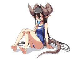 Rule 34 | 1girl, barefoot, black hair, demon girl, dragon girl, dragon horns, dragon tail, dream demon, feet, food, full body, horned girl (dream demon), horns, long hair, one-piece swimsuit, original, pointy ears, popsicle, red eyes, school swimsuit, sitting, solo, swimsuit, tail