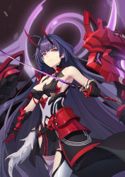 Rule 34 | 1girl, absurdres, armor, armpits, bare shoulders, blunt bangs, breasts, cleavage, clothing cutout, cowboy shot, dark background, highres, holding, holding sword, holding weapon, honkai (series), honkai impact 3rd, horns, japanese armor, katana, kote, kusazuri, long hair, looking at viewer, medium breasts, navel cutout, oni horns, purple eyes, purple hair, raiden mei, raiden mei (herrscher of thunder), red pupils, serious, shoulder armor, sode, solo, sword, very long hair, weapon, zhy1997