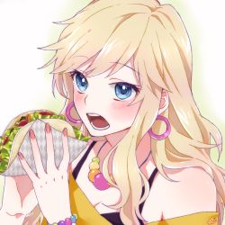 Rule 34 | 1girl, artist request, bare shoulders, blonde hair, blue eyes, blush, breasts, cleavage, commentary request, earrings, face, food, gem, highres, holding, holding food, hoop earrings, idolmaster, idolmaster cinderella girls, jewelry, long hair, looking at viewer, nail polish, necklace, ohtsuki yui, open mouth, pearl (gemstone), pink nails, shirt, simple background, solo, taco, teeth, upper teeth only, wristband, yellow shirt