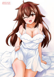 Rule 34 | 1girl, ;d, absurdres, ahoge, alternate costume, breasts, brown eyes, brown hair, cleavage, dated, dress, hair between eyes, hair flaps, hairband, highres, kamiya tadato, kantai collection, large breasts, long hair, looking at viewer, one eye closed, open mouth, red hairband, shiratsuyu (kancolle), shiratsuyu kai ni (kancolle), simple background, sleeveless, sleeveless dress, smile, solo, twitter username, white background, white dress