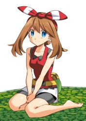 Rule 34 | 1girl, absurdres, bad id, bad pixiv id, barefoot, bike shorts, black shorts, blue eyes, bow, breasts, brown hair, closed mouth, collarbone, creatures (company), game freak, hair between eyes, hair ribbon, hairband, highres, long hair, looking at viewer, may (pokemon), medium breasts, nintendo, pokemon, pokemon oras, red hairband, red ribbon, red shirt, ribbon, shirt, short shorts, shorts, shorts under shorts, simple background, sitting, sleeveless, sleeveless shirt, smile, soles, solo, striped ribbon, white background, white shorts, yuihico