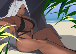 Rule 34 | 1girl, against rock, animal ears, arm rest, bare legs, bare shoulders, bikini, black bikini, boku no hero academia, breasts, cleavage, criss-cross halter, dark-skinned female, dark skin, feet out of frame, halterneck, highres, kritta88, large breasts, long hair, looking at viewer, mirko, navel, outdoors, parted bangs, rabbit ears, rabbit girl, red eyes, sitting, smile, solo, stomach, swimsuit, thick thighs, thighs, toned, white hair