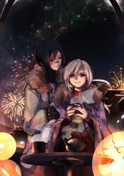 Rule 34 | 2girls, absurdres, aerial fireworks, akaruc, ariane yeong, cityscape, cup, elster (signalis), fireworks, fur collar, happy new year, highres, holding, holding cup, long jacket, multiple girls, new year, night, night sky, signalis, sky, smile, teacup, teapot