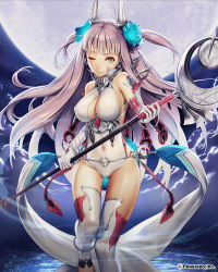 Rule 34 | 1girl, ;), aqua eyes, breasts, cleavage, covered erect nipples, covered navel, earrings, elbow gloves, gloves, holding, holding weapon, jewelry, long hair, looking at viewer, mana (remana), official art, one eye closed, original, polearm, purple hair, smile, solo, thighhighs, two side up, unmei no clan battle, weapon