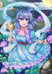 Rule 34 | 1girl, :d, armband, belt, blue background, blue dress, blue eyes, blue hair, blush, breasts, cleavage, cropped legs, dress, flower, flower request, hagoromo, hair between eyes, hair ornament, hair rings, hair stick, hand up, holding, holding flower, kaku seiga, light particles, lily pad, long hair, looking at viewer, medium breasts, open clothes, open mouth, open vest, petticoat, puffy short sleeves, puffy sleeves, purple flower, shawl, short sleeves, smile, soku (zygd7338), solo, touhou, vest, white vest, wing collar