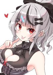 Rule 34 | 1girl, absurdres, bandaid, bandaid hair ornament, batarop, black bow, black hair, black nails, blush, bow, breasts, cleavage, cleavage cutout, clothing cutout, dress, ear piercing, frilled dress, frills, grey hair, hair bow, hair ornament, heart, heart cutout, highres, hololive, large breasts, medium hair, multicolored hair, nail polish, official alternate costume, piercing, ponytail, red eyes, sakamata chloe, sakamata chloe (jirai kei), sleeveless, sleeveless dress, smile, solo, streaked hair, tongue, tongue out, virtual youtuber, white background, x hair ornament