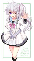 Rule 34 | 1girl, 2022, 9-nine-, ;d, ahoge, black socks, blush, braid, breasts, commentary, dated, dress, eyelashes, eyes visible through hair, feet out of frame, frilled dress, frills, green ribbon, grey hair, hair between eyes, hair ribbon, hand on own hip, hand up, happy, happy birthday, highres, kneehighs, long hair, long sleeves, looking at viewer, medium breasts, niimi sora, one eye closed, open hand, open mouth, pink ribbon, purple eyes, ribbon, school uniform, short dress, side ponytail, signature, simple background, single braid, smile, socks, solo, standing, taiga sb, twitter username, waving, wavy hair, white background, white dress