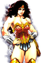 Rule 34 | 1girl, black hair, blue eyes, dc comics, gradient background, hands on own hips, lasso, pteruges, solo, strapless, vambraces, wonder woman, wonder woman (series)