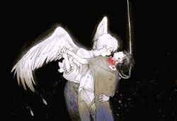 Rule 34 | 2boys, angel, black background, black hair, cape, chun baii, closed eyes, cowboy shot, death, eyelashes, facing another, facing down, facing up, feathered wings, flower, grey pants, highres, imminent bite, imminent kiss, leaning back, leaning forward, light particles, male focus, multiple boys, noose, open mouth, original, pants, partially colored, profile, red flower, rope, shirt, shirt tucked in, spot color, standing, symbolism, untucked shirt, white hair, white wings, wings