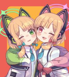 Rule 34 | 2girls, animal ear headphones, animal ears, blonde hair, blue archive, blue necktie, blush, bow, collared shirt, fake animal ears, green bow, green eyes, green halo, hair bow, halo, headphones, highres, jacket, midori (blue archive), momoi (blue archive), multiple girls, nagomibako (nagomi-99), necktie, one eye closed, open clothes, open jacket, open mouth, pink halo, red bow, red eyes, shirt, short hair, siblings, sisters, twins, two-sided fabric, two-sided jacket, upper body, white jacket, white shirt