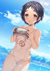 Rule 34 | 1girl, black hair, blue sky, brown eyes, cityscape, clothes writing, cloud, cowboy shot, day, diving mask, dutch angle, goggles, holding, kantai collection, looking at viewer, maru-yu (kancolle), mountain, one-piece swimsuit, outdoors, parted bangs, saiki yuzuri, school swimsuit, short hair, sky, solo, swimsuit, thick eyebrows, white one-piece swimsuit
