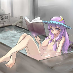 Rule 34 | 1girl, barefoot, bespectacled, blush, book, breasts, completely nude, crescent, faucet, floating book, floating object, glasses, hair ribbon, hat, hi-yo, indoors, large breasts, long hair, looking at viewer, nipples, nude, open book, open mouth, partially submerged, patchouli knowledge, pool, purple eyes, purple hair, ribbon, shampoo hat, sitting, solo, touhou, water, you&#039;re doing it wrong