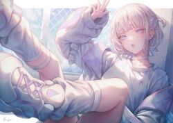 Rule 34 | 1girl, baggy socks, blonde hair, chain-link fence, choker, fence, hair ornament, hama guri, highres, hololive, hololive dev is, jacket, looking at viewer, multicolored hair, open mouth, purple eyes, purple hair, shirt, shoes, short twintails, sneakers, solo, streaked hair, todoroki hajime, twintails, virtual youtuber, white choker, white jacket, white shirt