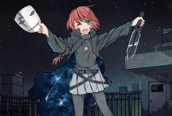 Rule 34 | 1girl, black pantyhose, blush, braid, coat, cosplay, darker than black, green eyes, jewelry, long hair, looking at viewer, necklace, open mouth, pantyhose, red hair, shooting star, single braid, skirt, sky, solo, star (sky), starry sky, suou pavlichenko, umoo futon, weapon