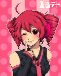 Rule 34 | 1girl, blush, colorized, drill hair, headphones, kasane teto, one eye closed, paplikaling, red eyes, red hair, smile, solo, translated, twin drills, twintails, utau, vocaloid, wink