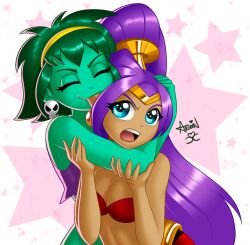 Rule 34 | 2girls, angry, annoyed, arm around neck, arsbinbcc, bare arms, bare shoulders, biting, blue eyes, breasts, cleavage, closed eyes, colored skin, couple, dark-skinned female, dark skin, ear biting, earrings, green hair, green skin, high ponytail, highres, hug, hug from behind, jewelry, long hair, medium breasts, multiple girls, open mouth, purple hair, rottytops, shantae, shantae (series), short hair, star (symbol), starry background, straight hair, strapless, tiara, very long hair, yuri, zombie
