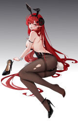 Rule 34 | 1girl, absurdres, animal ears, artist name, ass, azur lane, backless leotard, bare shoulders, black footwear, black horns, black leotard, breasts, brown pantyhose, chinese commentary, commentary request, cross hair ornament, curled horns, detached collar, fake animal ears, full body, gradient background, grey background, hair ornament, high heels, highres, hindenburg (azur lane), hindenburg (delirious duel) (azur lane), horns, large breasts, leotard, long hair, looking at viewer, official alternate costume, pantyhose, patent heels, playboy bunny, pointy ears, pumps, red eyes, red hair, shoes, simple background, solo, stiletto heels, strapless, strapless leotard, thighband pantyhose, unworn shoes, very long hair, wrist cuffs, xnnagu