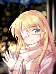 Rule 34 | 1girl, alternate costume, alternate hairstyle, blonde hair, blue eyes, blurry, blurry background, blush, casual, christmas, closed mouth, commentary request, depth of field, eyelashes, eyepatch, eyes visible through hair, gloves, hair between eyes, hair down, hand up, long hair, nakatsu shizuru, one eye covered, rewrite, scarf, sidelocks, smile, solo, tagame (tagamecat), very long hair, waving, white gloves, white scarf, winter