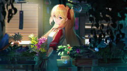 Rule 34 | 1girl, absurdres, admiral hipper (azur lane), apron, azur lane, window blinds, blonde hair, blurry, blush, chromatic aberration, closed mouth, day, depth of field, green eyes, hair between eyes, hair ribbon, highres, kexue, looking at viewer, one side up, plant, potted plant, red ribbon, ribbon, sidelocks, smile, solo, sunlight, two side up, vines, wind chime