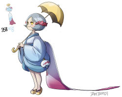 Rule 34 | 1girl, artist name, blue kimono, chimecho, creatures (company), flower, full body, game freak, gen 3 pokemon, grey hair, hair flower, hair ornament, head wreath, japanese clothes, kimono, looking away, moemon, nintendo, no pupils, parted hair, personification, pink flower, pokedex number, pokemon, sandals, short hair, simple background, smile, solo, standing, tamtamdi, umbrella, white background, wide sleeves, wind chime, yellow eyes, yellow umbrella