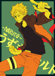 Rule 34 | 1boy, blonde hair, blue eyes, character name, grin, jacket, looking at viewer, male focus, naruto, naruto (series), open clothes, open jacket, smile, solo, uzumaki naruto, wink, yurichi (artist)