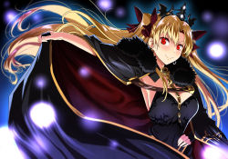 Rule 34 | 1girl, black cape, black dress, blonde hair, blurry, bow, breasts, cape, cape lift, commentary request, depth of field, dress, earrings, ereshkigal (fate), fate/grand order, fate (series), hair bow, hair ribbon, hand on own hip, jewelry, kloah, large breasts, long hair, red eyes, ribbon, single sleeve, skull, smile, tiara, twintails, upper body