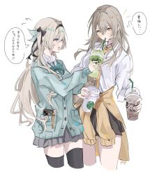 Rule 34 | 2girls, absurdres, black hairband, black thighhighs, blue eyes, blush, cardigan, cardigan around waist, clothes around waist, collared shirt, cowboy shot, cup, drinking straw, drinking straw in mouth, firefly (honkai: star rail), green cardigan, grey hair, grey skirt, hair between eyes, hairband, highres, holding, holding cup, honkai: star rail, honkai (series), long hair, looking at another, multiple girls, necktie, pleated skirt, ren (renjiyu), school uniform, shirt, skirt, speech bubble, stelle (honkai: star rail), sweatdrop, thighhighs, trailblazer (honkai: star rail), white background, white shirt, yellow eyes, yellow necktie, zettai ryouiki