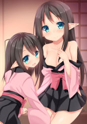 Rule 34 | 2girls, bare shoulders, binsen, black hair, blue eyes, blush, breasts, cleavage, elf, hand on thigh, long hair, looking at viewer, multiple girls, open mouth, original, pointy ears, smile