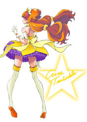 Rule 34 | 1girl, absurdres, amanogawa kirara, bare shoulders, blush, boots, brown hair, character name, choker, cure twinkle, dress, earrings, english text, eunos, eyelashes, frilled dress, frilled skirt, frills, gloves, go! princess precure, hair ornament, high heel boots, high heels, highres, jewelry, long hair, low-tied long hair, magical girl, multicolored hair, petticoat, pink hair, precure, purple eyes, quad tails, ribbon, simple background, skirt, smile, solo, source request, standing, star (symbol), star earrings, streaked hair, thigh boots, thighhighs, thighs, twintails, two-tone hair, white background, white footwear, white gloves, yellow dress
