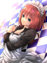 Rule 34 | 1girl, apron, black dress, blue eyes, blush, breasts, cleavage, commentary request, dress, dress shirt, highres, hisui (tsukihime), juliet sleeves, long sleeves, looking at viewer, lying, maid, maid apron, maid headdress, medium breasts, own hands together, parted lips, puffy sleeves, red hair, shirt, short hair, solo, sunlight, tsukihime, vent vert (kuuya)
