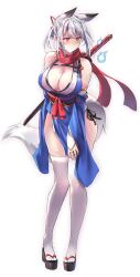 Rule 34 | 1girl, animal ears, bare shoulders, breasts, cleavage, detached sleeves, fingerless gloves, fox ears, fox girl, fox tail, full body, gloves, hair ornament, highres, hitodama, knot, mole, mole on breast, orange eyes, pelvic curtain, red scarf, revealing clothes, sandals, sawaya (mizukazu), scarf, side-tie peek, simple background, tail, thighhighs, weapon, white background, white hair, white thighhighs, wide sleeves