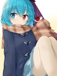 Rule 34 | 1girl, alternate costume, beige background, blue eyes, blue hair, blue jacket, blue skirt, blush, brown scarf, casual, coat, commentary request, contemporary, duffel coat, feet out of frame, gradient background, hair between eyes, heterochromia, highres, jacket, knees up, long sleeves, looking at viewer, partial commentary, plaid, plaid scarf, purple umbrella, red eyes, scarf, short hair, sitting, skirt, smile, solo, tatara kogasa, touhou, tyouseki, umbrella, white background