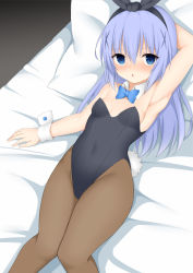 Rule 34 | 1girl, animal ears, arm behind head, armpits, bed, black leotard, blue bow, blue bowtie, blue eyes, blue hair, bow, bowtie, breasts, brown pantyhose, chestnut mouth, commentary request, detached collar, fake animal ears, feet out of frame, gochuumon wa usagi desu ka?, hair ornament, kafuu chino, leotard, light blue hair, long hair, looking at viewer, lying, pantyhose, pillow, playboy bunny, rabbit ears, small breasts, solo, strapless, strapless leotard, toshishikisai, wrist cuffs, x hair ornament