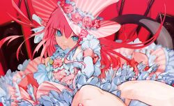 Rule 34 | 1girl, arm warmers, bare legs, blue eyes, closed mouth, dress, earrings, elizabeth bathory (fate), elizabeth bathory (fate/extra ccc), elizabeth bathory (third ascension) (fate), fate/grand order, fate (series), flower, frills, fumiko (throughx2), hat, hat flower, jewelry, long hair, looking at viewer, pink background, pink dress, pink flower, pink hair, pink rose, pink theme, rose, signature, smile, solo, striped clothes, striped dress, striped headwear, tail, top hat, vertical-striped clothes, vertical-striped dress, vertical-striped headwear, vertical-stripes, white sleeves