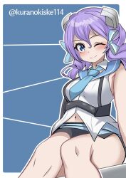 Rule 34 | 1girl, blue background, blue eyes, blue necktie, blue sailor collar, feet out of frame, hair ribbon, headgear, highres, kantai collection, kurano kisuke, langley (kancolle), looking at viewer, medium hair, necktie, one-hour drawing challenge, one eye closed, pencil skirt, purple hair, ribbon, sailor collar, shirt, sitting, skirt, sleeveless, sleeveless shirt, solo, twitter username, white shirt