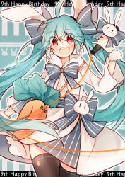 Rule 34 | 1girl, ahoge, animal ears, aqua hair, rabbit ears, carrot, cowboy shot, fuuko (2679566944), happy birthday, hatsune miku, highres, long hair, md5 mismatch, microphone, open mouth, red eyes, solo, thighhighs, twintails, very long hair, vocaloid