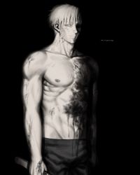 Rule 34 | 1boy, bleeding, blood, burn scar, highres, holding, holding sword, holding weapon, jujutsu kaisen, looking at viewer, male focus, marrbl, muscular, muscular male, nanami kento, nipples, pants, scar, short hair, smile, solo, spoilers, standing, sword, topless male, weapon