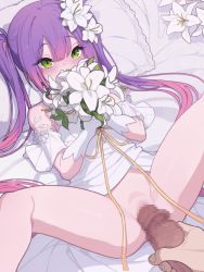 Rule 34 | 1boy, 1girl, bare shoulders, blush, bouquet, breasts, censored, dress, elbow gloves, erection, flower, gloves, green eyes, hair flower, hair ornament, has uncensored version, hetero, highres, hololive, imminent penetration, imminent vaginal, just the tip, kakure eria, long hair, looking at viewer, lying, mosaic censoring, no panties, on back, penis, purple hair, pussy, small breasts, spread legs, thighs, tokoyami towa, twintails, virtual youtuber, wedding dress, white dress, white gloves