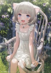 Rule 34 | 1girl, :d, animal ear fluff, animal ears, arm support, armchair, bell, blue eyes, cat ears, cat girl, cat tail, chair, choker, collarbone, commentary, day, dress, fangs, feet out of frame, fence, grey hair, highres, jingle bell, long hair, neck bell, oli o o, on chair, open mouth, original, outdoors, romaji commentary, sitting, sleeveless, sleeveless dress, smile, solo, tail, very long hair, watermark, web address, white choker, white dress