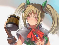 Rule 34 | 1girl, beer mug, blonde hair, breasts, chrono cross, closed mouth, cup, dainatsu, fingerless gloves, gloves, highres, jewelry, long hair, looking at viewer, mug, orlha (chrono cross), simple background, smile, solo, twintails