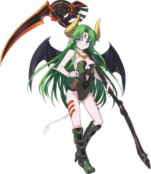 Rule 34 | 1girl, blue eyes, boots, breasts, demon girl, demon horns, demon tail, demon wings, ferris (rance), forehead jewel, full body, gluteal fold, green hair, holding, holding weapon, horns, long hair, looking at viewer, medium breasts, official art, onono imoko, pointy ears, rance (series), rance 03, rance 03 leazas kanraku, scythe, solo, tail, transparent background, weapon, wings